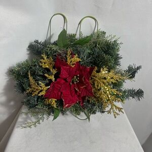 Christmas Wall Swag with Red Poinsettia & Gold Glitter Picks on Green Frame
